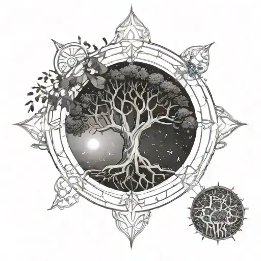 A Blackwork Design Of A Tree Of Life Intertwined With Astrological Symbols