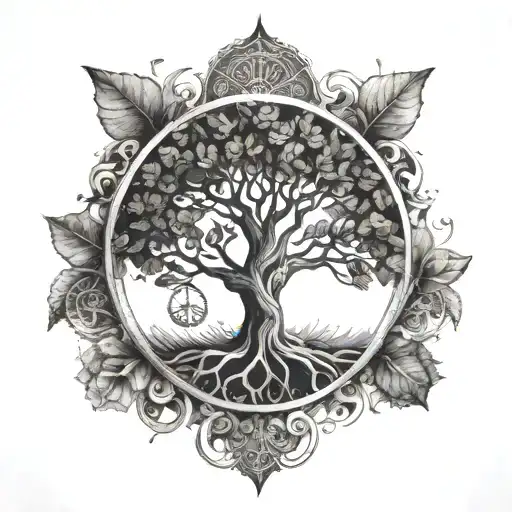 An Intricate Tattoo Design Featuring A Tree Of Life Intertwined With Ayurvedic Symbols And Elements