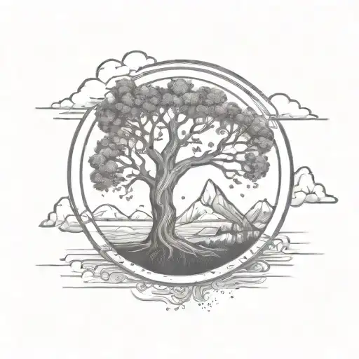 Tree Of Life In A Circle With Mountains In The Background And Patterned Shading Around The Outside