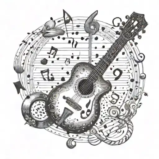 A Dotwork Tattoo Of The Number 444 Surrounded By Music Notes And Instruments