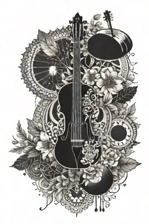 A Dotwork Mandala Incorporating Elements Of Nature And Musical Instruments