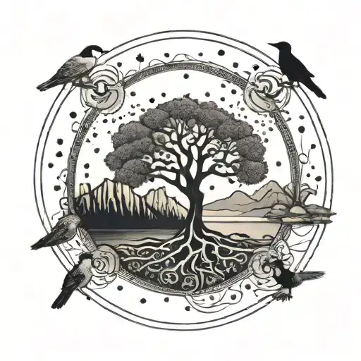 Tree Of Life In Circle With Mountains And Birds Flying