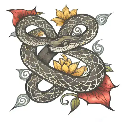 Calm Snake Coiled Around A Trishul Surrounded By Lotus Flower