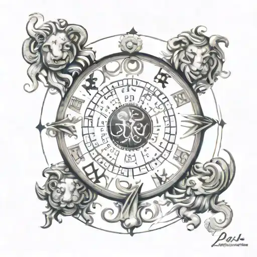 An Intricate Dotwork Design Of A Zodiac Wheel With Children's Birthday Dates Highlighted