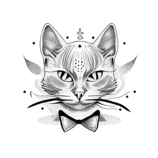 Dotwork Tattoo Of A Chef Holding A Black Cat And Surrounded By Punk Rock Symbols