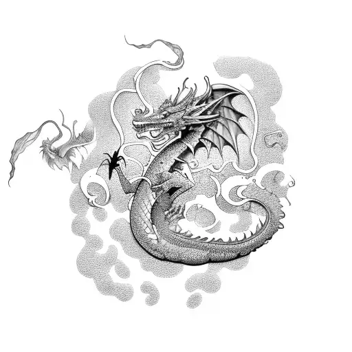 A Dotwork Tattoo Of A Dragon Flying Over An Ocean With A Greek Mythology-inspired Background