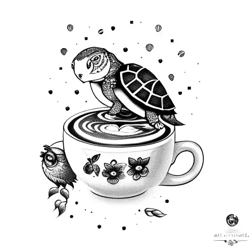 A Whimsical Scene Of A Turtle And Owl Having Coffee And Tea