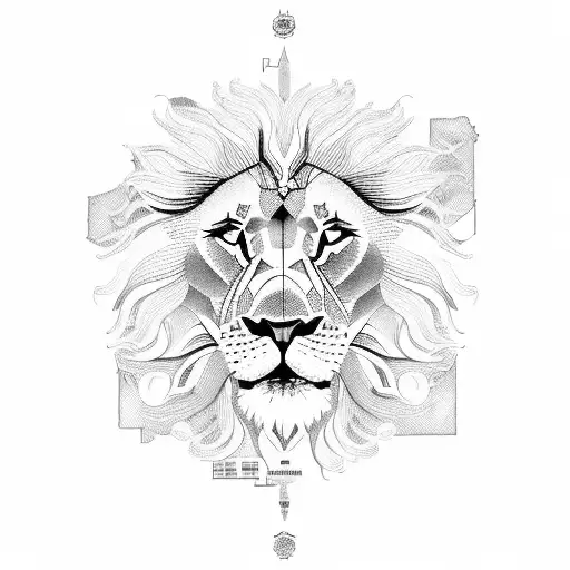 A Lion And A Lyon City Map Intertwined In A Dotwork Design