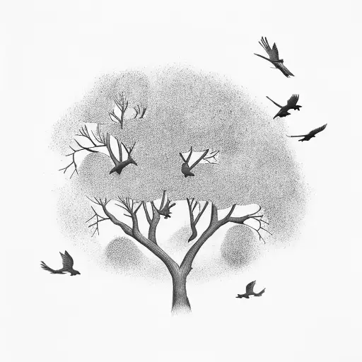 Smoky Tree With Three Birds On A Branch And One Flying Away