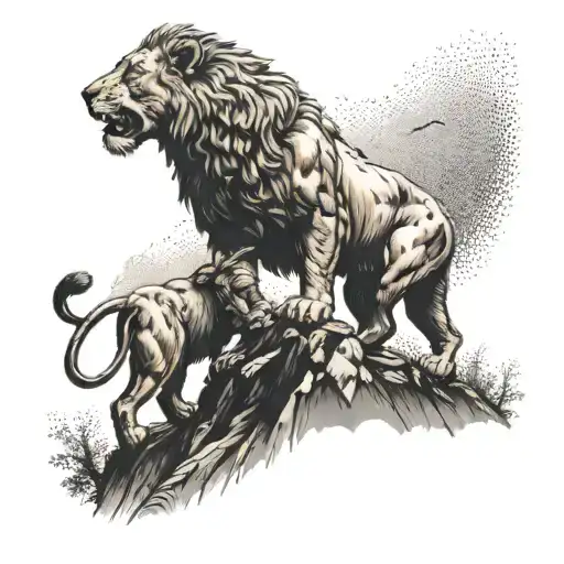 A Mountain Climber Reaching The Summit With A Lion Guiding The Way