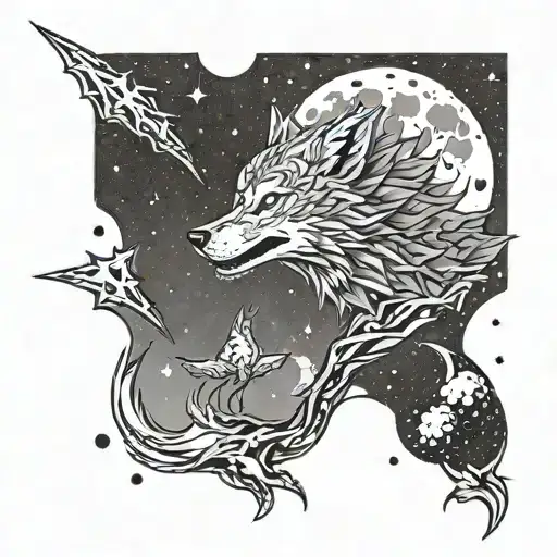 A Wolf Howling At A Dragon Ball In The Sky Filled With Stars