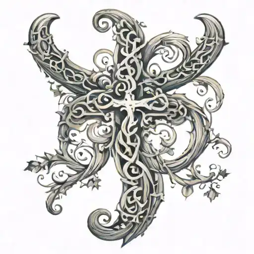 A Cross Made Of Intertwining Vines With Cow Horns At The Top