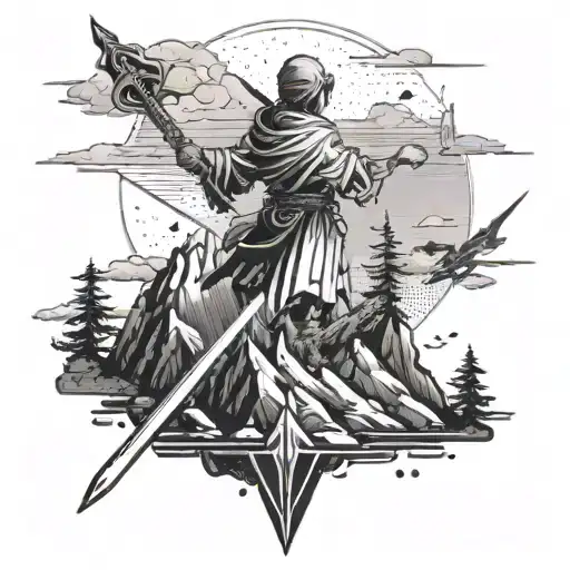 An Anime Character Wielding A Sword On A Mountain Peak