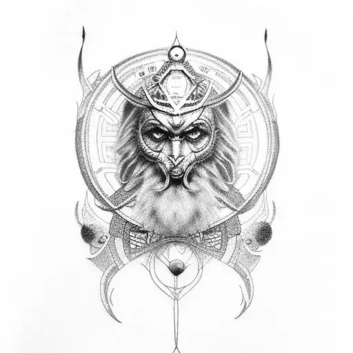 A Dotwork Tattoo Featuring A Futuristic Interpretation Of Odin Accompanied By A Cybernetic Raven