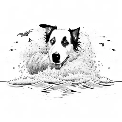 A Beach Scene With A Border Collie Dog Playing In The Waves