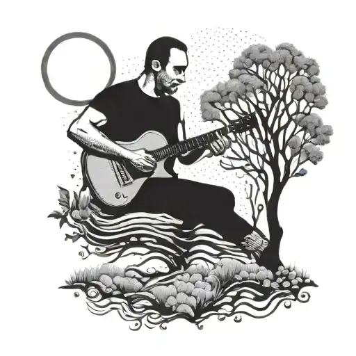 Design A Dotwork Tattoo Of A Silhouette Of Dave Matthews Playing Guitar Under A Dreaming Tree