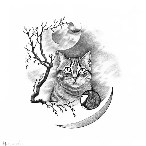 Cat With Cat With Half Moon And Branches Of Hawthorn