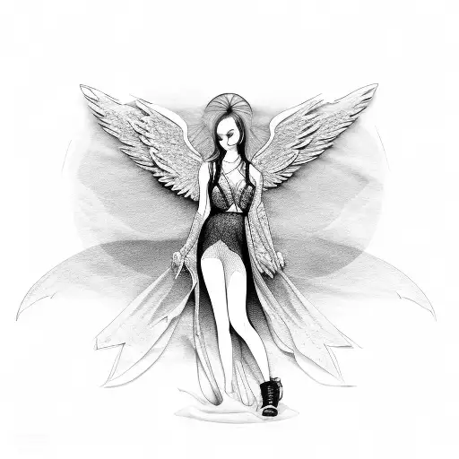 Sensual Female Angel With Guitar Line Drawing