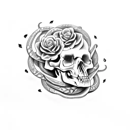 A Snake Coiling Around A Skull Surrounded By Blooming Flowers