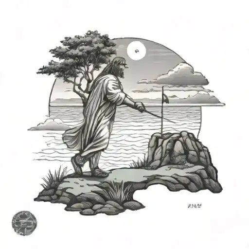 Jesus Playing Golf With A Backdrop Of Northern Michigan Scenery