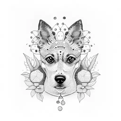 A Dotwork Illustration Of A Dog And A Variety Of Plants Intertwining