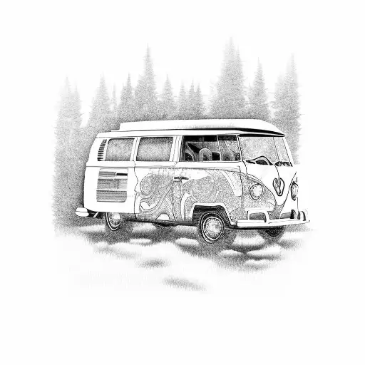 An Intricately Detailed Tattoo Of A Retro Volkswagen Van Parked In A Serene Forest Clearing