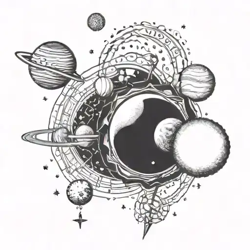 An Astrology Themed Tattoo Featuring The Planets And Moon In A Dotwork Style