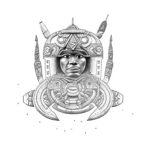 Create A Dotwork Tattoo Featuring A Rapa Nui Warrior Surrounded By Archaeological Artifacts