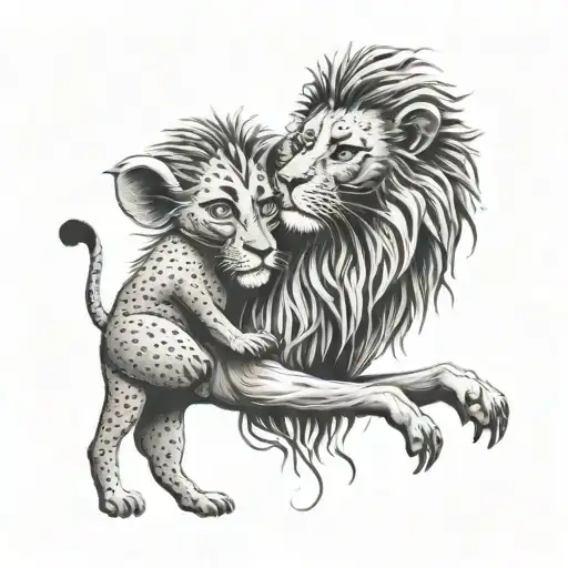 A Dotwork Design Of Rafiki Holding Baby Simba Up To The Sky