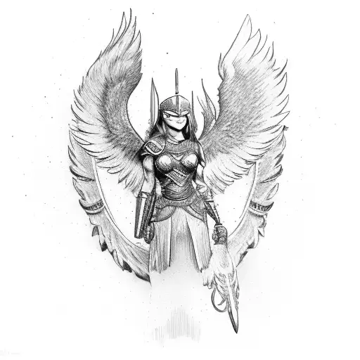 A Valkyrie Warrior With Wings And A Wolf Companion