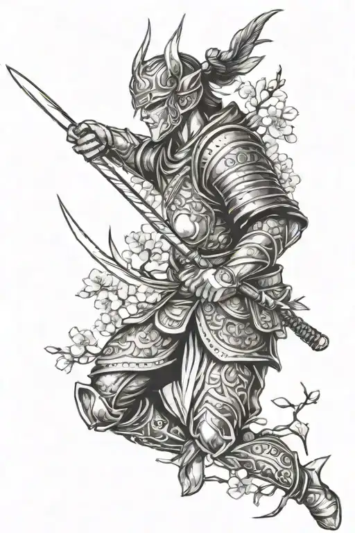 Design A Tattoo Featuring A Fierce Warrior With A Wild Companion Between Cherry Blossoms