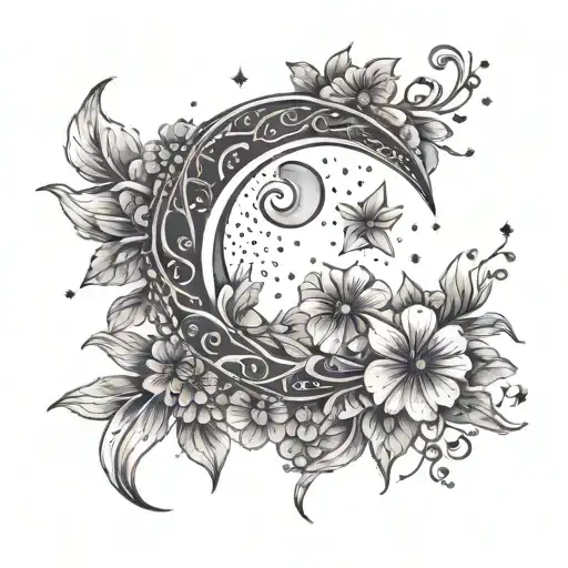 A Crescent Moon Surrounded By Violet Flowers In A Dotwork Style