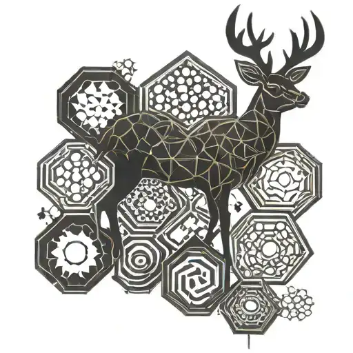 A Geometric Honeycomb Pattern With Intricate Dotwork Details Incorporating Deer And Bee Motifs