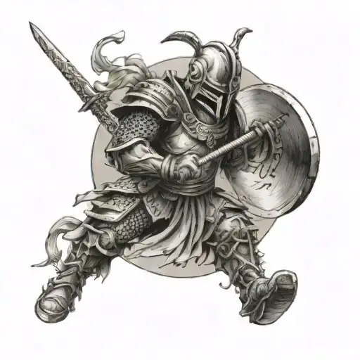 Create A Tattoo Of A Warrior Battling With A Giant Musical Instrument As A Weapon