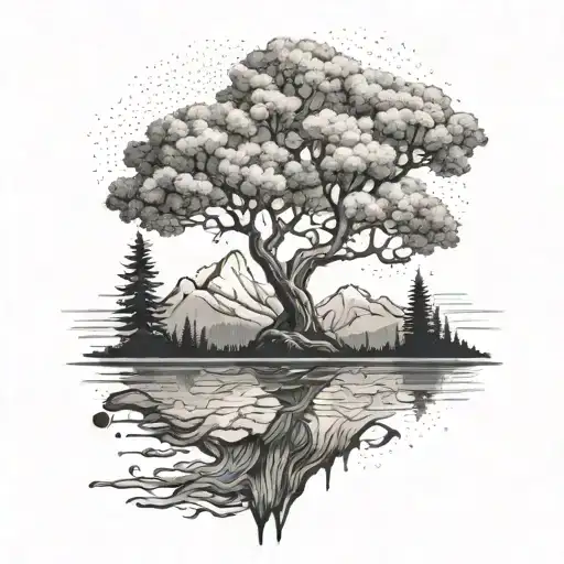 A Tree Growing On A Riverbank With Mountains In The Background