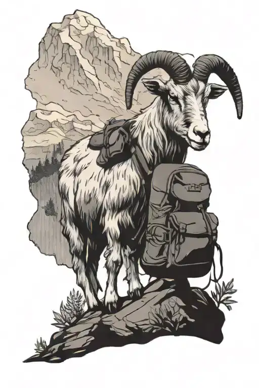 A Goat Wearing A Hiking Backpack Standing In Front Of A Mountain