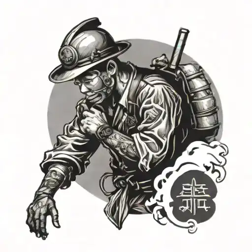Create A Tattoo Design Featuring A Santex Worker On A Traditional Japanese Background