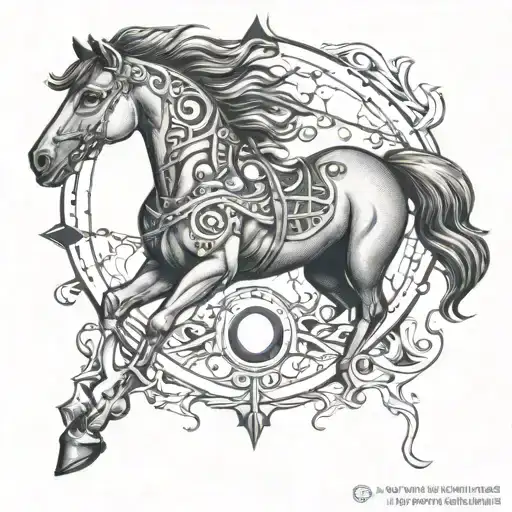 A Dotwork Design Of A Mustang Emblem Intertwined With Elements Of Salud Ocupacional