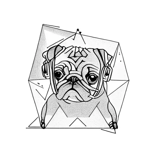 A Pug Sitting On Top Of A Giant Triangle While Listening To Music