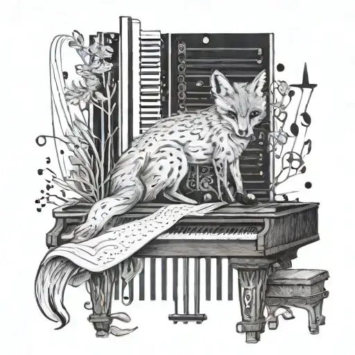 A Fox Sitting On Top Of A Piano With Musical Staffs Wrapping Around It