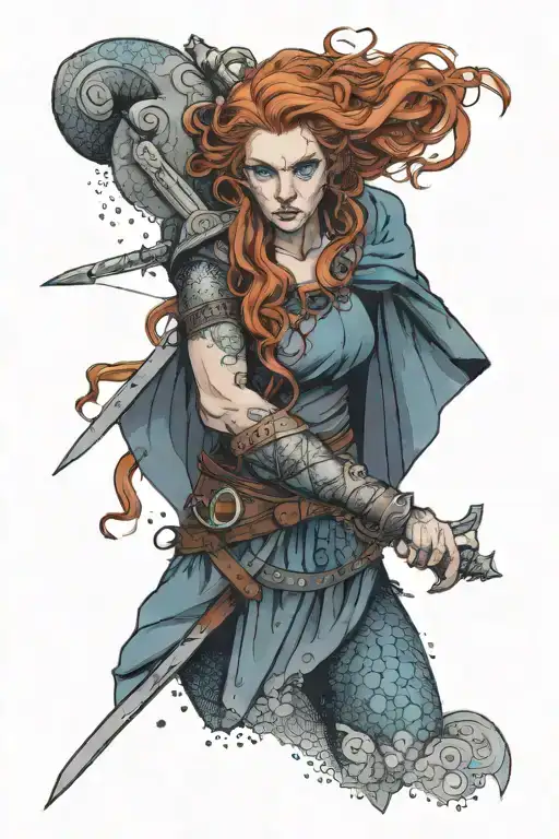 A Viking Warrior Woman With Curly Red Hair And Bright Blue Eyes Engaged In Battle