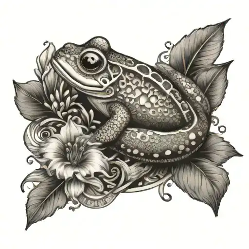 A Pisces Symbol Intertwined With Frog And Flower Elements