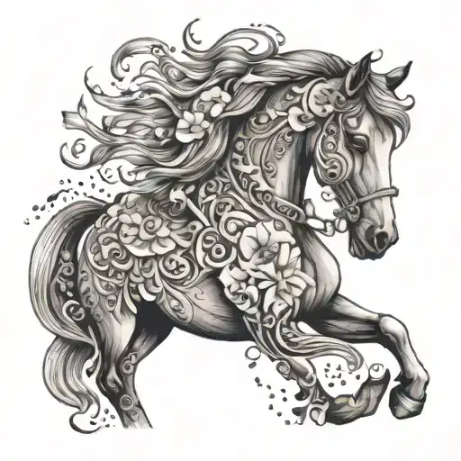 A Majestic Horse With Intricate Lily Flowers And Music Notes In The Background