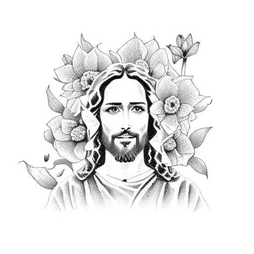 A Portrait Of Jesus Surrounded By Blooming Flowers