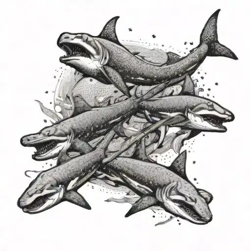 A Dotwork Design Of A School Of Hammerhead Sharks Swimming In The Ocean