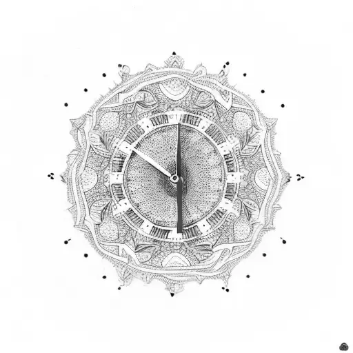 A Clock Face Composed Of Tribal Patterns And Filled With Delicate Roses In Dotwork Style