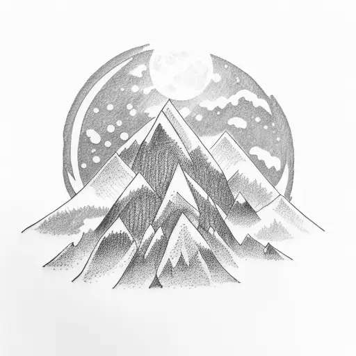 A Tattoo Of A Snow-covered Mountain Range With A Full Moon Shining Above
