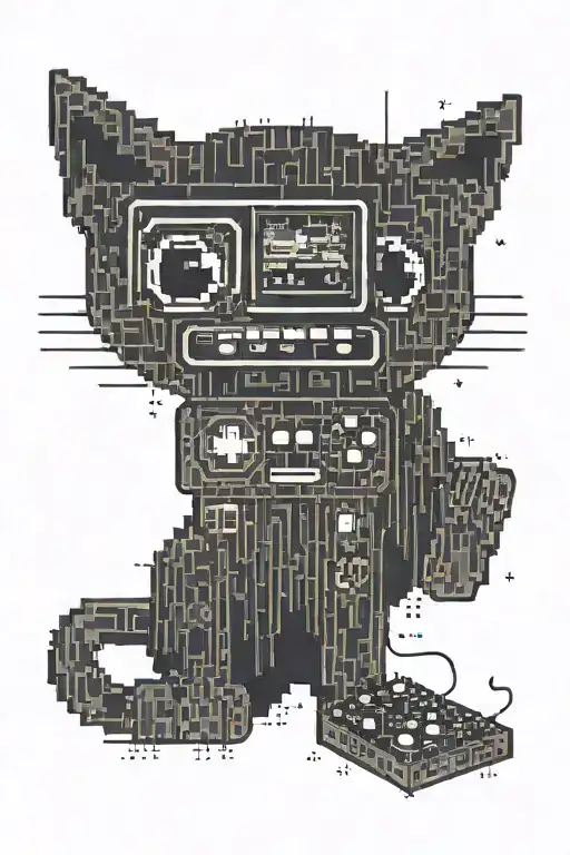 A Pixelated Cat Playing A Retro Video Game On A Tech-inspired Background
