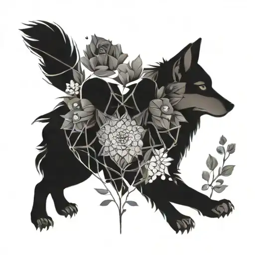 A Geometric Wolf Design Intertwined With Flowers To Symbolize Family And Protection
