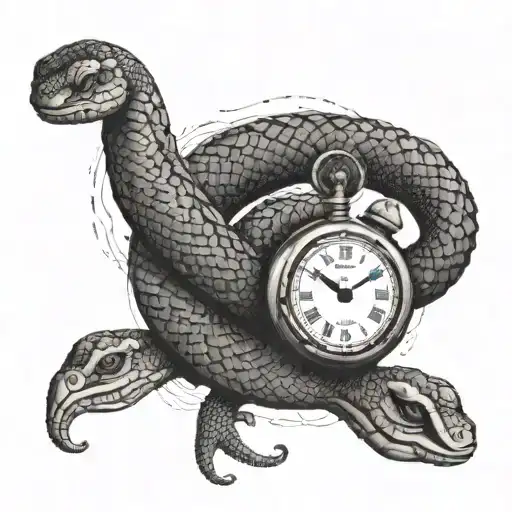 A Snake Coiled Around A Clock With Intricate Dotwork Details